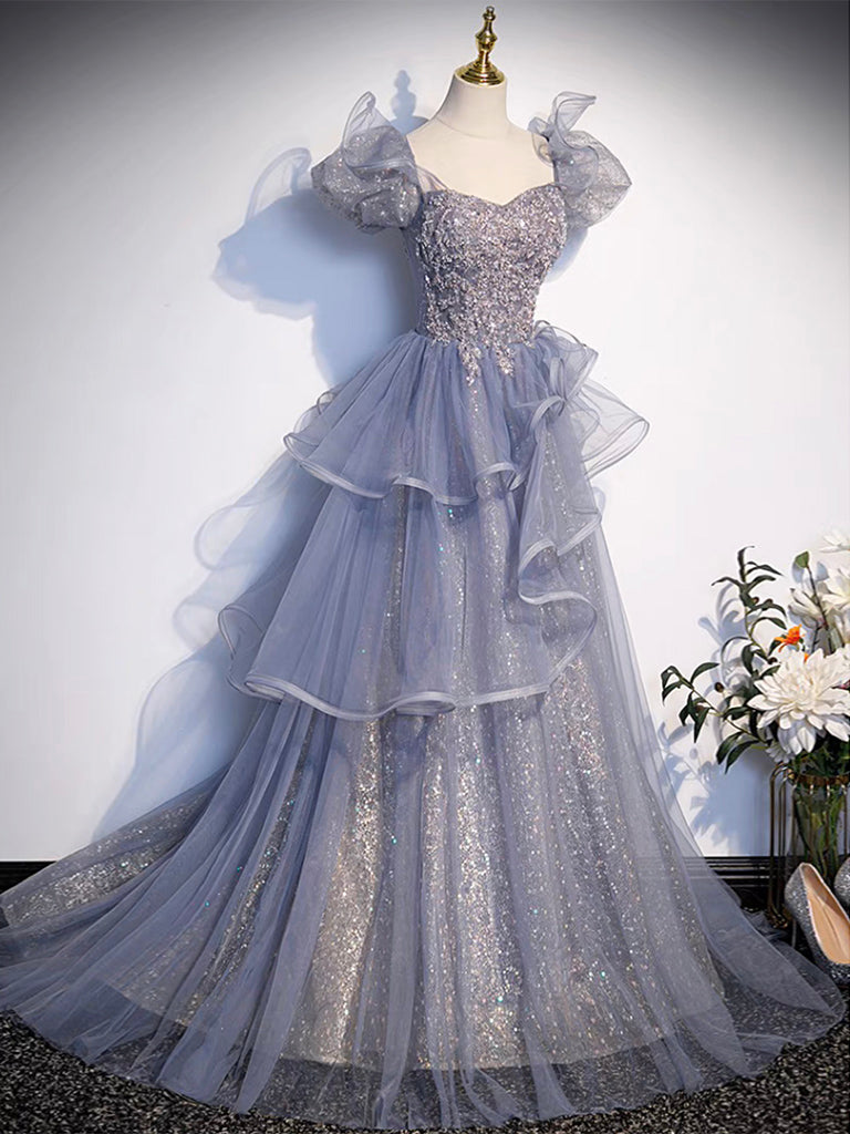 Ddbos A-Line Sweetheart Neck Tulle Sequin Gray Blue Long Prom Dress, Gray Blue Long Formal Dress