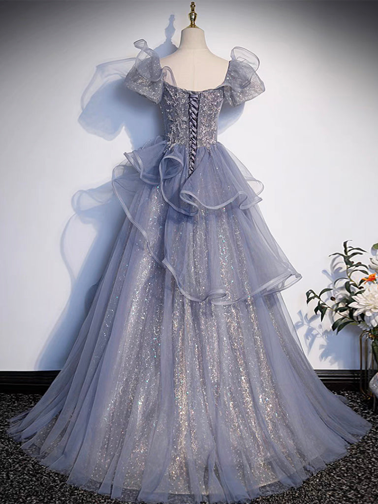 Ddbos A-Line Sweetheart Neck Tulle Sequin Gray Blue Long Prom Dress, Gray Blue Long Formal Dress