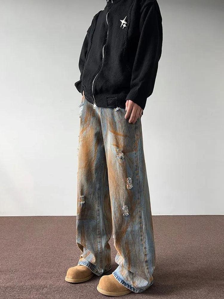 Ddbos - Rusty Pattern Wide Leg Denim Jeans - chill guy 90s fashion mens fashion