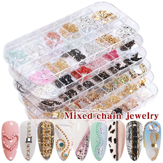 12 Grid Mixed Style Nail Chain Jewelry For DIY Art Decoration Fashion Metal Nails Accessories For Manicure Design