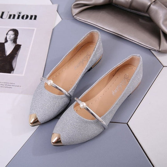 Ladies Party Pearl Pumps Women's High Quality Low-Heeled Shoes Female Sequined Cloth Boat Shoes Women Silver Pointed Shoes