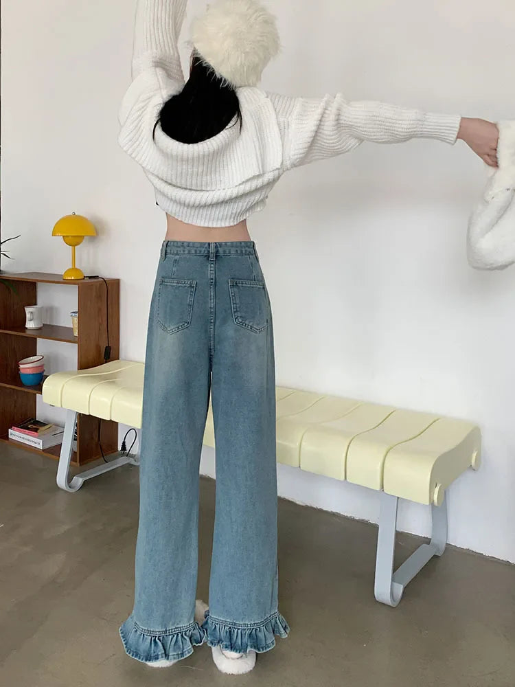 Ddbos Fashion Ruffle Jeans Women Wide Leg Pants Jeans Retro Chic Korean Version of High-waisted Jeans Kawaii Y2K Straight Pants