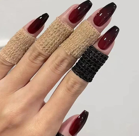 Red Black Gradient Press on Nails Medium Length Coffin Fake Nails with Sticky Tabs Ballerina False Nails Tips for Women 24Pcs