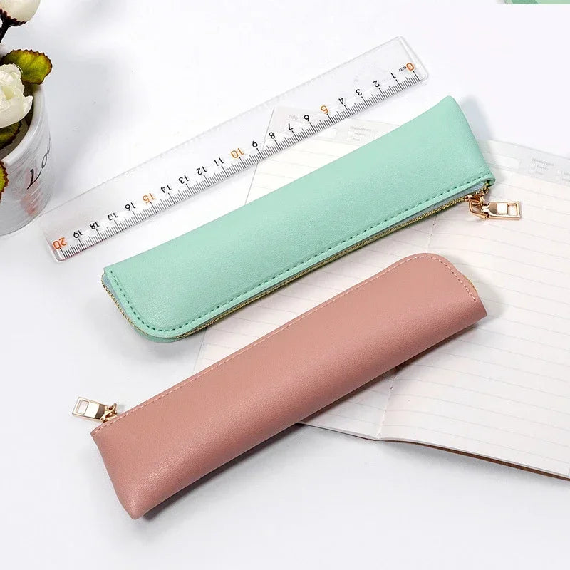 Ddbos BACK TO SCHOOL 1PC PU Leather Small Pen Bag Mini Pen Sleeve Zipper Pencil Pouch Stationery Fountain Pen Holder Case Student School Supplies