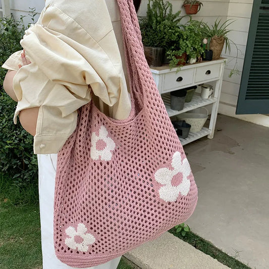 Ddbos Ins Fashion Sweet Flower Knitted Hollow Tote Bag Large Capacity Shopping Bag Ladies Simple Retro Shoulder Bag Handbag for Women