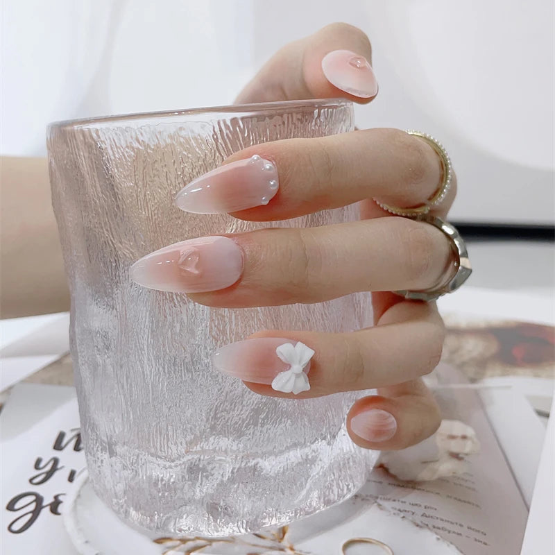 Gradient Pink Handmade Press on Nails with Bows Jelly Designed Almond False Nails Coffin Fake Nails Full Cover Fingernail Tips