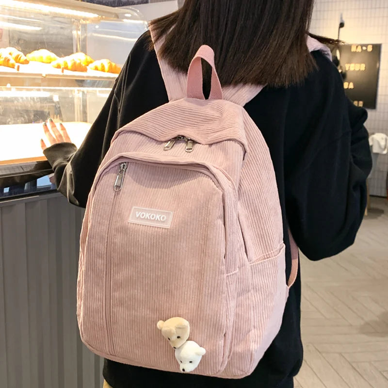 Ddbos BACK TO SCHOOL Stripe Cute Corduroy Woman Backpack Schoolbag For Teenage Girls Boys Luxury Harajuku Female Fashion Bag Student Lady Book Pack