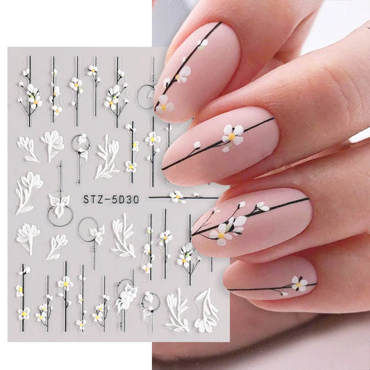 Ddbos 5D Simple Flowers Nail Embossed Stickers Elegant Wedding Design Adhesive Sliders Floral Textured Engraved Decoration Supplies