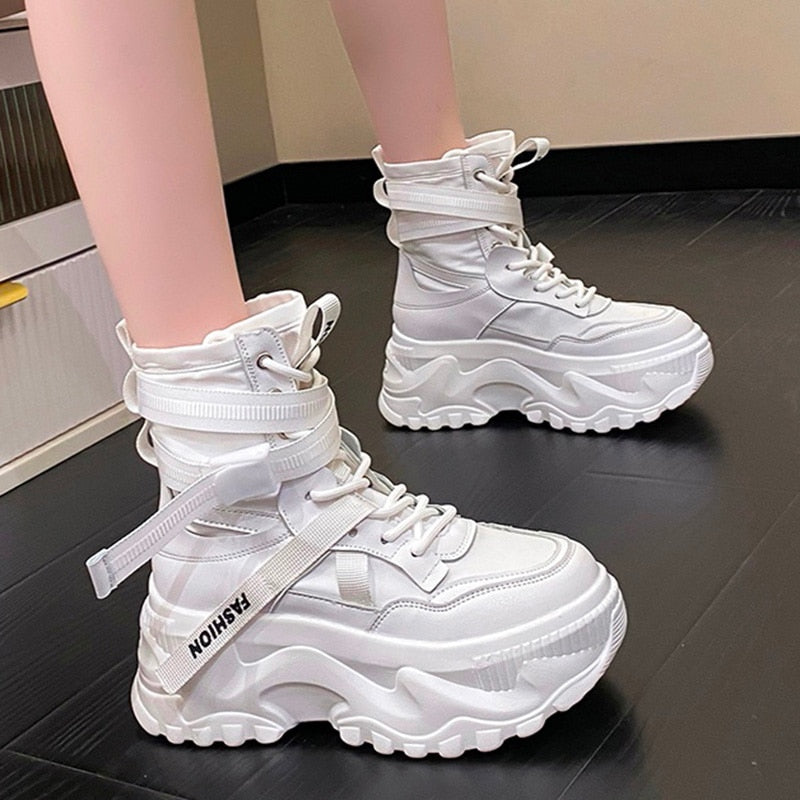 Women Chunky Platform Motorcycle Boots White Lace Up Thick Bottom Shoes Woman Autumn Winter Ankle Botas De Mujer