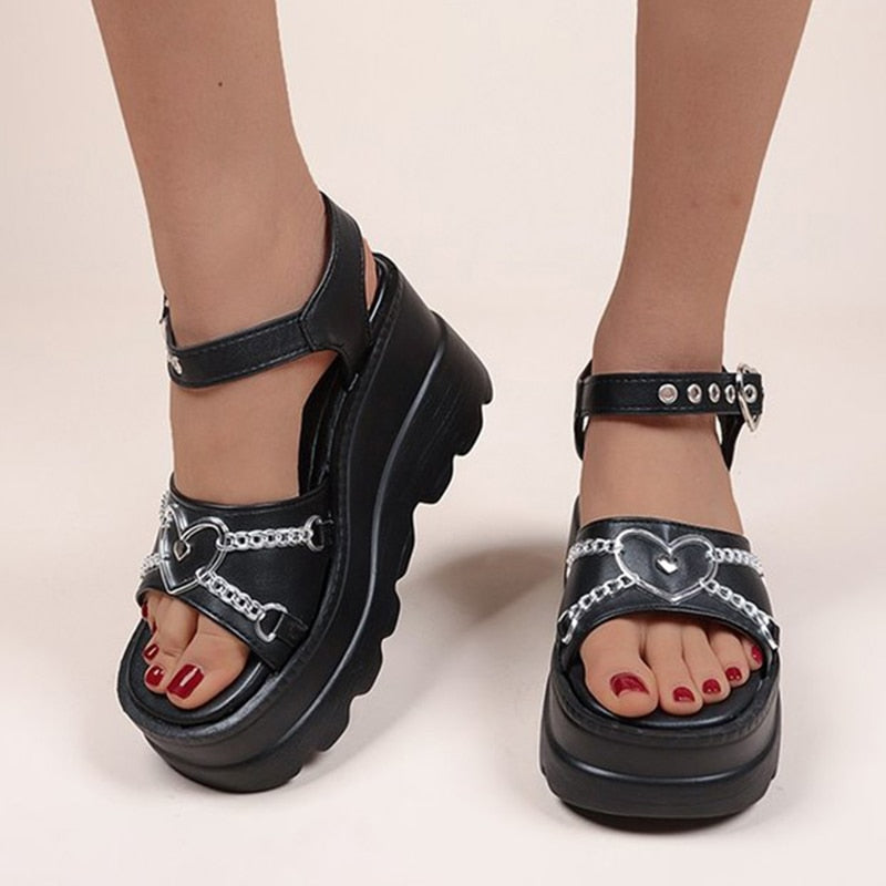 Punk Goth Platform Sandals Women Summer Y2K Heart Buckle Wedges Sandals Women Plus Size 43 Thick Bottom Black Lolita Shoes