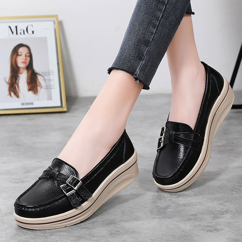 Ddbos New Spring Autumn Women Flats Platform Loafers Ladies Leather Comfort Wedge Moccasins Orthopedic Slip On Casual Shoes 35-42