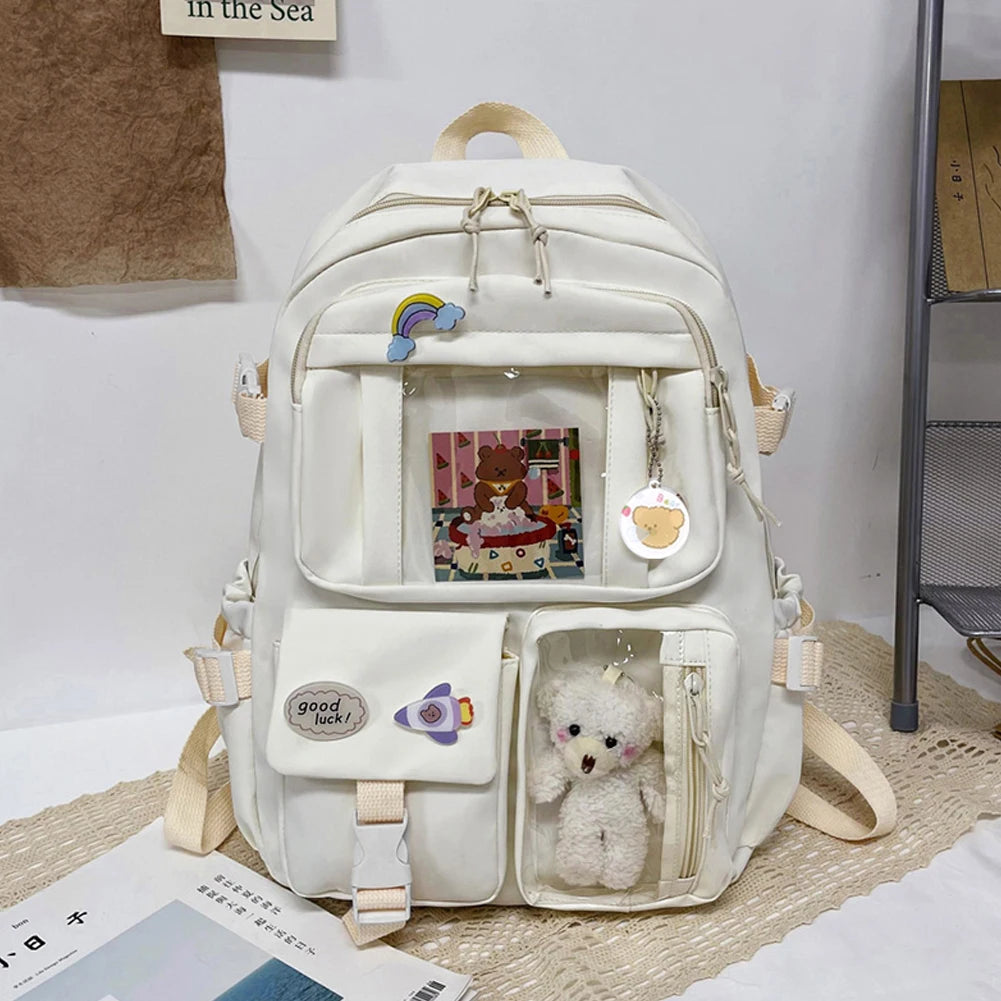 Ddbos Fashion Japanese Nylon Bookbags with Plush Pendant Summer New Student Kawaii Backpack Large Capacity Woman College Rucksack