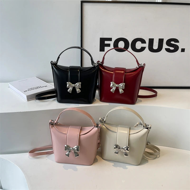 Ddbos Bow Tie Design Pu Leather Shoulder Bags for Women 2024 Winter Fashion Handbags Bucket Crossbody Bag with Short Handle