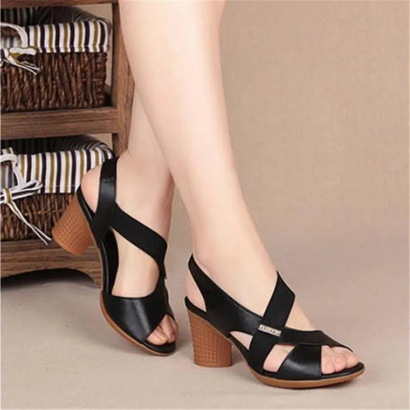 Ddbos New Women's Sandals Women Summer Comfortable High Heels Thick Heel Peep Toe Non-slip Soft Bottom Mother Shoes Slip-On