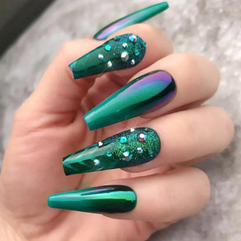 24 Pcs Glossy Long Coffin Press On Nails Green Gradient Style Fake Nails With Rhinestone Shiny  Reusable False Nails For Women