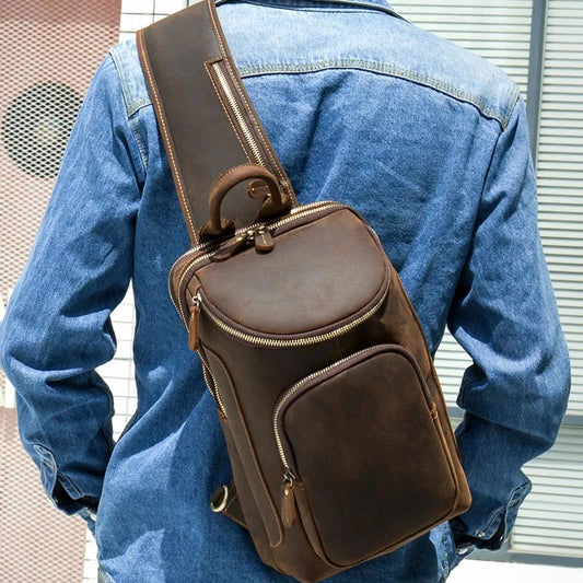 Ddbos Casual Genuine Leather Chest Bag Pack Men iPad Mini Cow Leather Shoulder Bags Male Anti Theft Crossbody Summer Sling bags