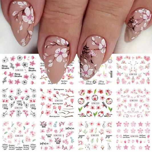 Ddbos 12pcs Pink Cherry Blossom Water Nail Sliders Winter New Year Sakura Floral Leaves Stickers DIY Charm Accessories Manicure Decor