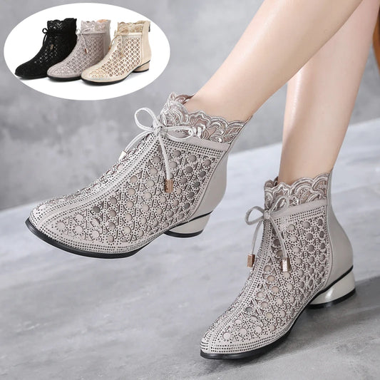 Ddbos Spring Summer Ankle Boots Fashion Rhinestones Sandals Thick Heels Mesh Boots Hollow Women's Shoes Genuine Leather