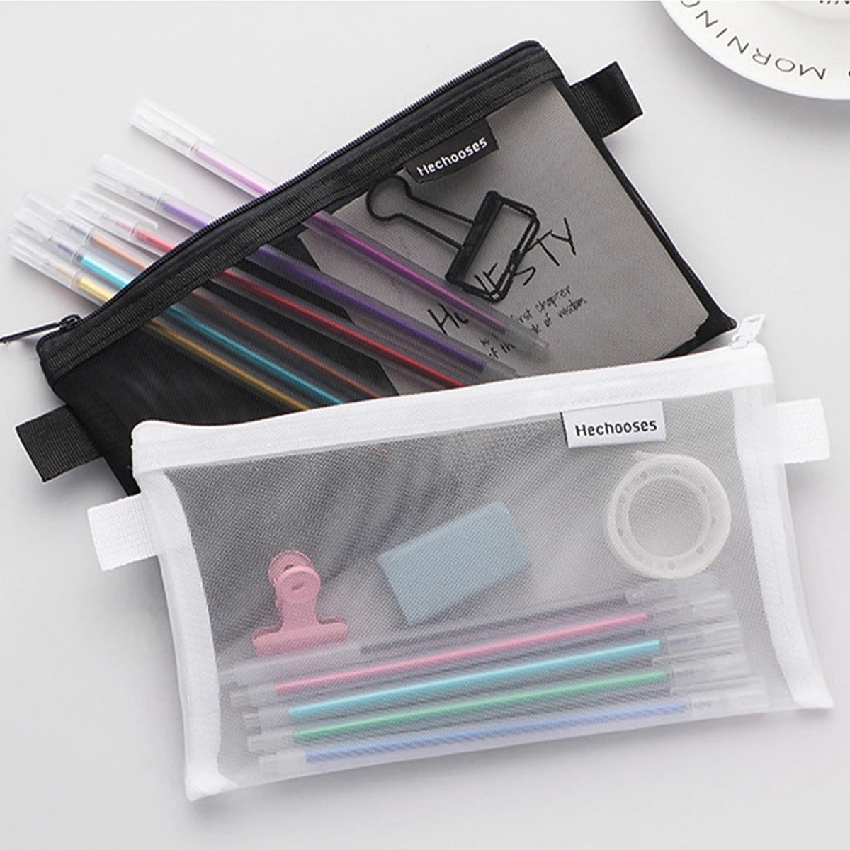 BACK TO SCHOOL Transparent Mesh Pencil Case Pencil Bags Square/Oval Portable Pen Pencil Pouch Bag School Office Supplies Stationery Pen Box