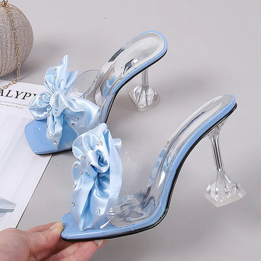 Crystal Bow High Heels Slippers Shoes for Woman Sexy PVC Transparent Sandals Women Slides Open Toe Pumps Blue Black