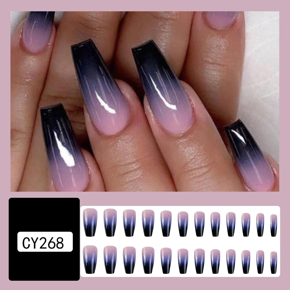 24 Pcs Glossy Medium Long Ballerina Press On Nail Pink And Purple Gradient Fake Nail Artificial Solid Color False Nail For Women