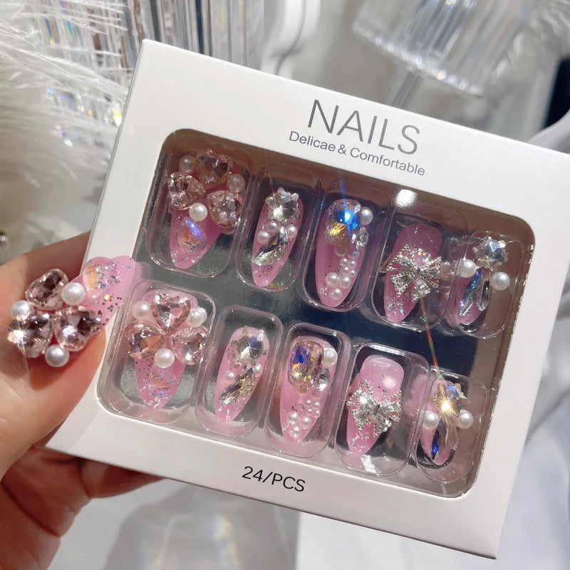 False Nails with Designs Acrylic Nail Crystal Pearl Lace Bowknot Press on Nails Shiny Bride Lady Sweet Korean Fake nails 24pcs