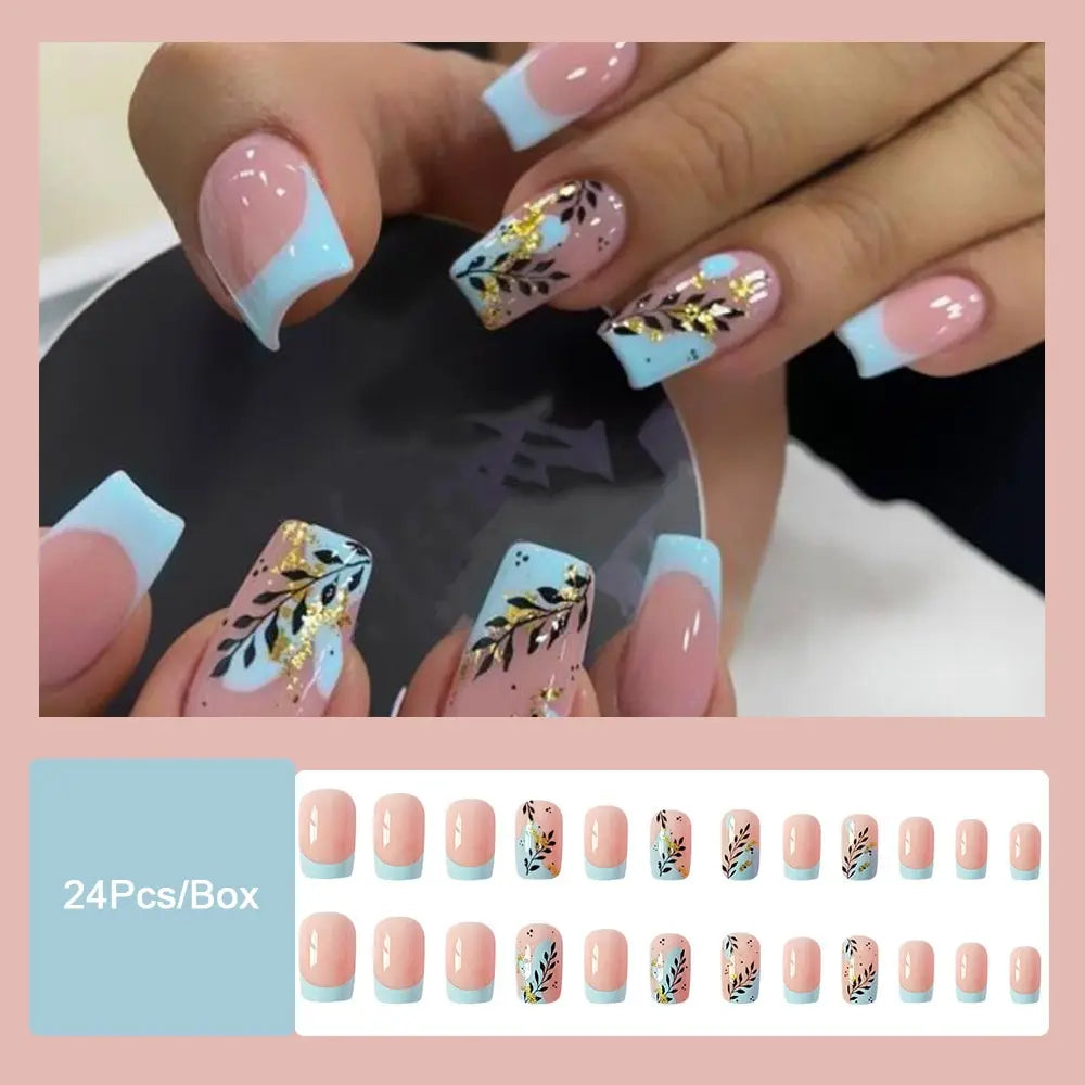 Fashion Leaves Square Head False Nails Set Press On Nails Nude Pink Manicure French Blue Fringe Fake Nail Tips With Designs