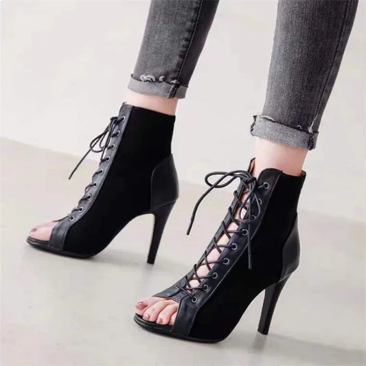 Summer Heels Ankle Boots for Women Spring Peep Toe Lace Up Pumps Party Shoes Quality Suede Ladies Boot Plus Size