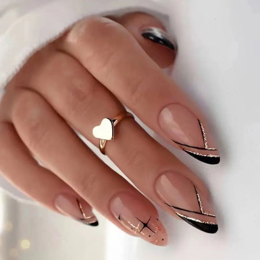 Ddbos Stiletto False Nails Full Cover Nail Tips Almond Fake Nails With Heart Gold Line Pearl Design Press On Nails Full Cover Nail Tip