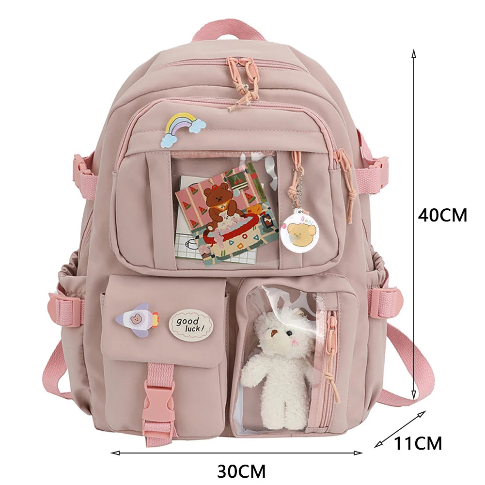 Ddbos Fashion Japanese Nylon Bookbags with Plush Pendant Summer New Student Kawaii Backpack Large Capacity Woman College Rucksack