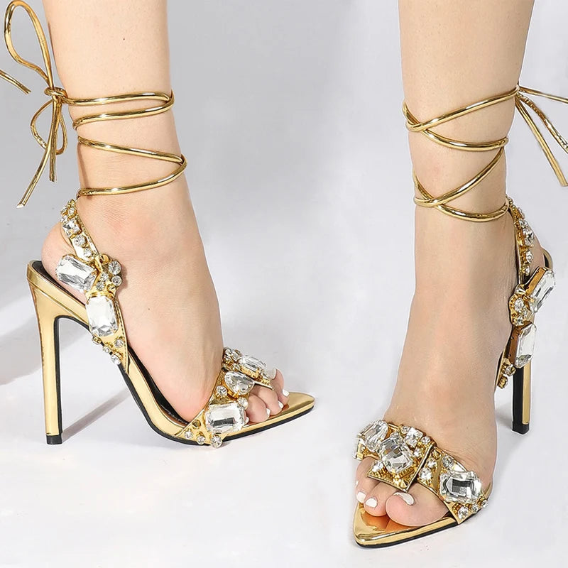 Ddbos Sexy Ankle Strap Golded Sandals Women Party Nightclub Stripper Heels High Quality Crystal Diamond Pointed Toe Wedding Shoe