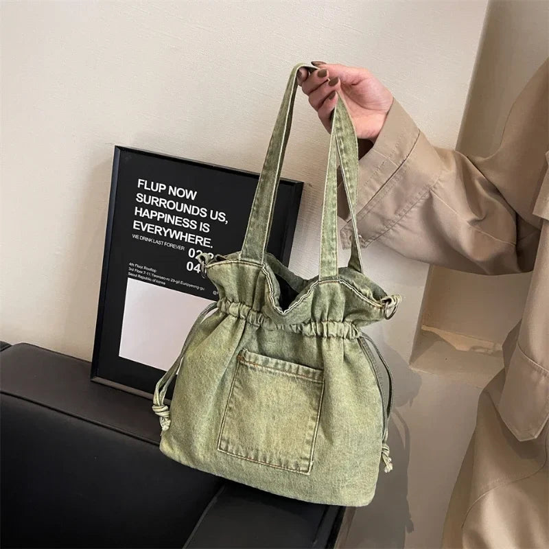 Ddbos Washed Denim Large Capacity Single Shoulder Bucket Bag 2024 New Trendy Versatile One Bag Smooth Shoulder Strap Versatile Bag