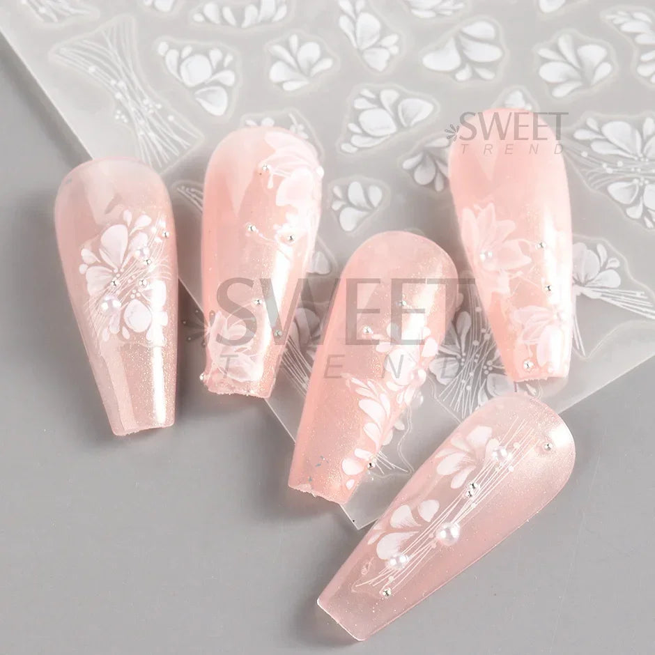 Ddbos White Lace Flower Nail Art Sticker Acrylic Floral Charm Adhesive Sliders Elegant Wedding Bride Simple Line Design Manicure Decal