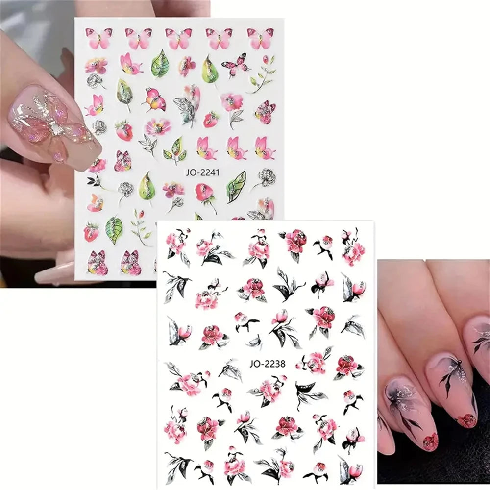 Ddbos 9PCS Spring Flower Nail Art Stickers, Holographic Ink Painting Flower Leaves Nail Transfer Decal Design Girls Nail Pendant