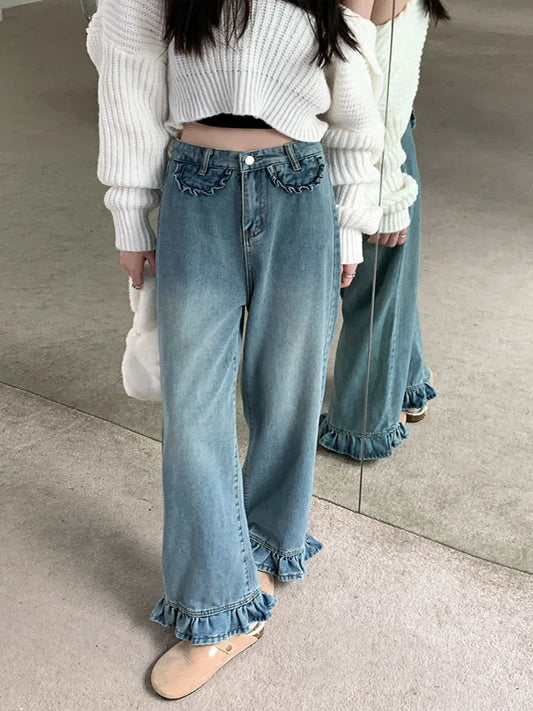 Ddbos Fashion Ruffle Jeans Women Wide Leg Pants Jeans Retro Chic Korean Version of High-waisted Jeans Kawaii Y2K Straight Pants