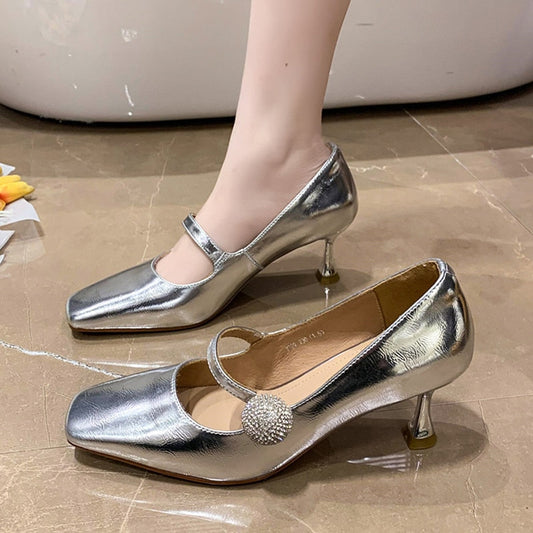 Silver Thin Heels Mary Jane Shoes for Women Summer Crystal Square Toe Pumps Woman Shallow Mouth Patent Leather Single Shoes