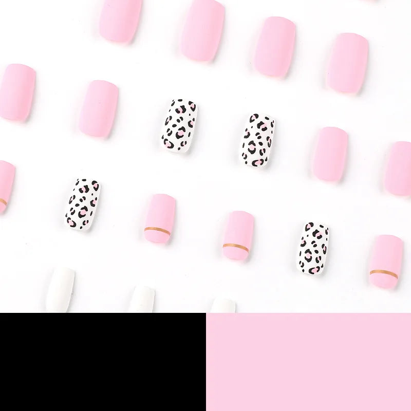 Leopard Print Pink Frosted Fashion Long Square Wearable Fake Nails Full Cover Finished False Nails Press on Nails with Glue