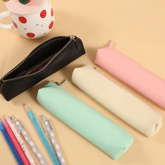 Ddbos New PU Leather Pen Pencil Bag Simple Triangular Shape Vintage Color Case Storage Pouch for Pens Stationery School Pencils Bag