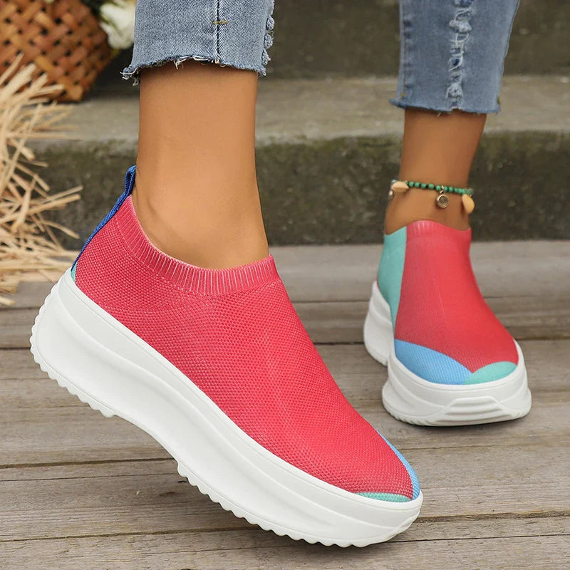 Ddbos Fashion Mix Color Chunky Sneakers for Women Autumn Thick Bottom Platform Sports Shoes Woman Slip On Knitted Vulcanize Shoes