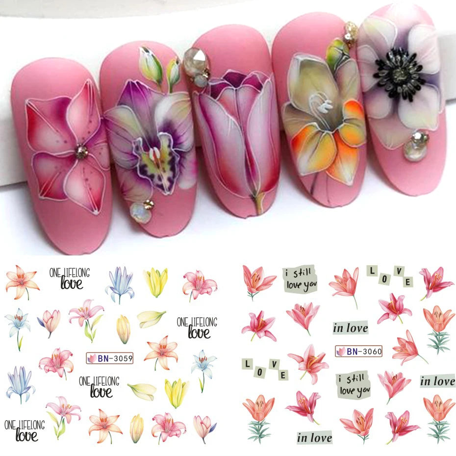 Ddbos 12 Designs Lily Flowers Nail Stickers White Flower Green Leaf Geometric Line Sliders Spring Floral Water Transfer Decals Slider