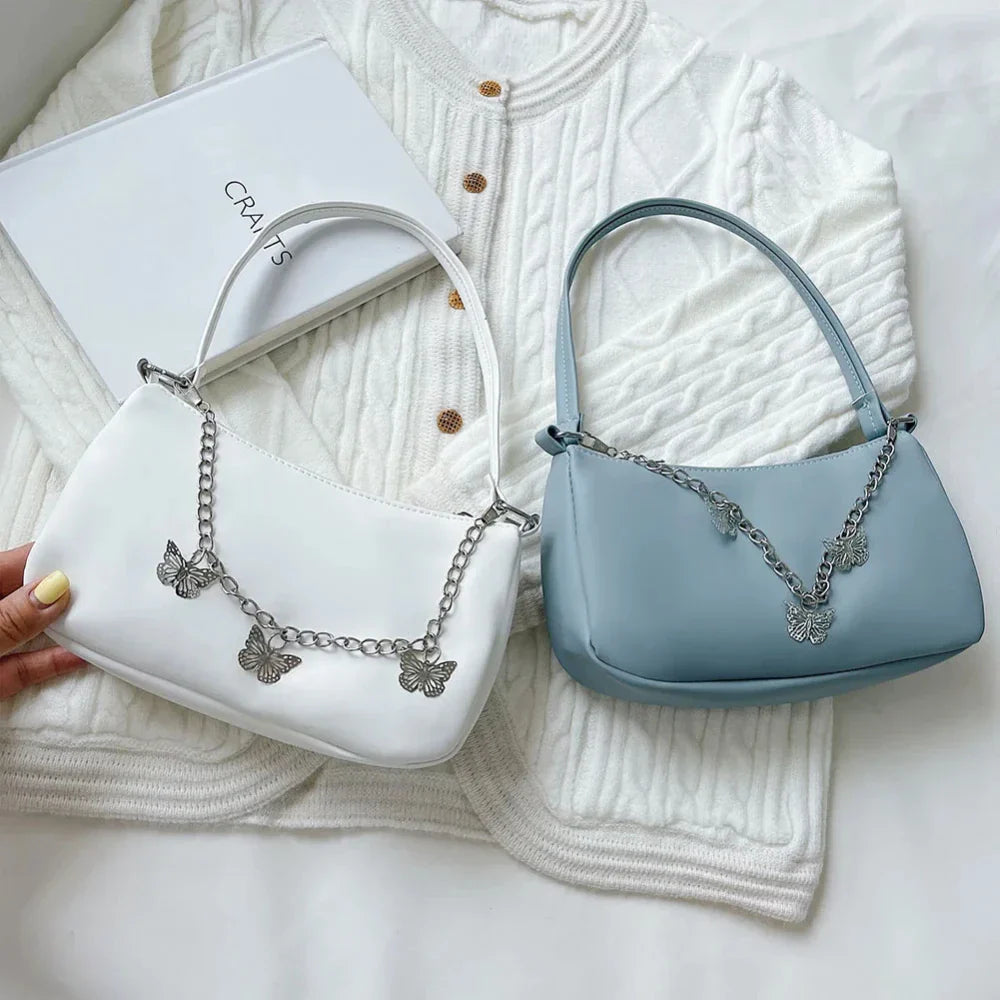 Retro Butterfly Chain Underarm Bag Women's Fashion Solid Color Shopping Shoulder Bag Travel Casual Small Handbags for Women