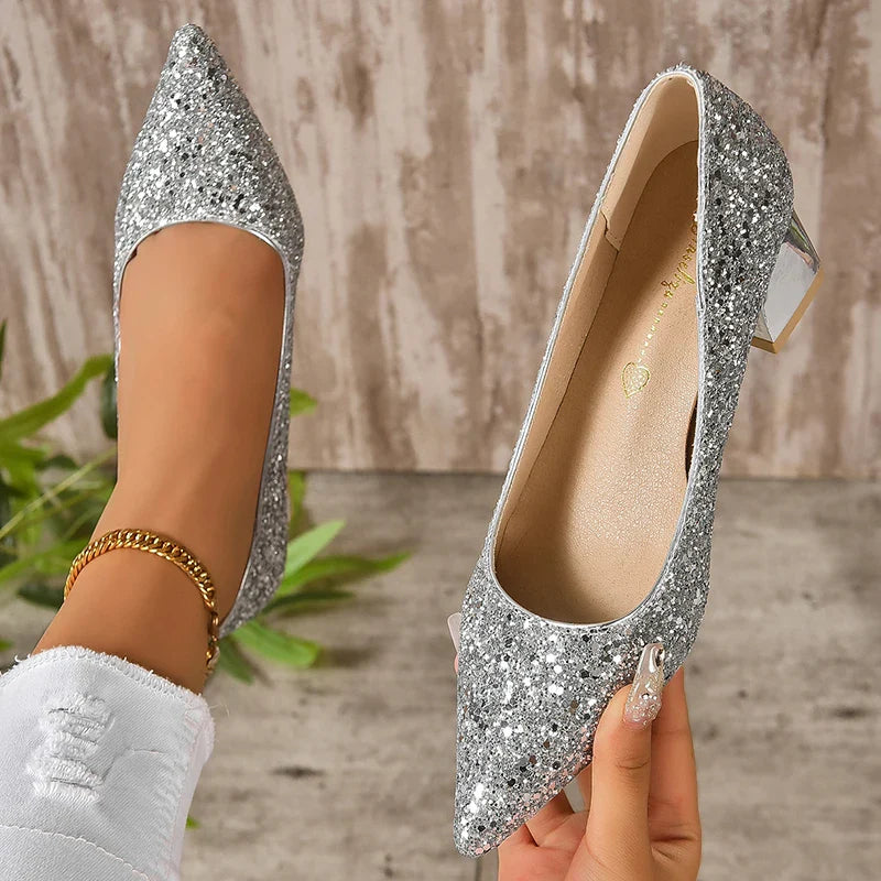 Ddbos Silver Glitter Thick Heels Pumps Women Luxury Pointed Toe Party Wedding Shoes Woman Plus Size 42 Shallow High Heels Pumps Ladies