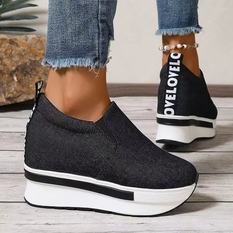 Ddbos Women's Denim Wedges Heel Fashion Round Toe Sneakers Ladies Daily Casual Shallow Mouth Non-Slip Walking Women's Vulcanised Shoes