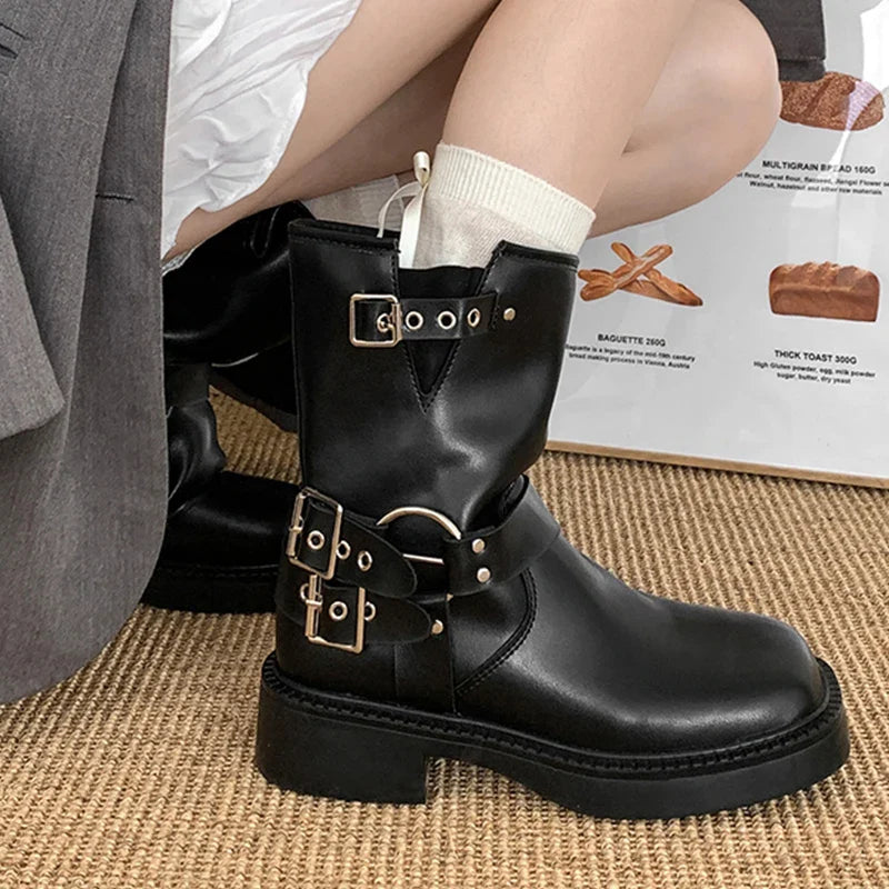 Ddbos Winter Platform Synthetic Leather Boots Women Shoes Fashion Slip On Mid Heel Botas Ladies Retro Mordern Booties