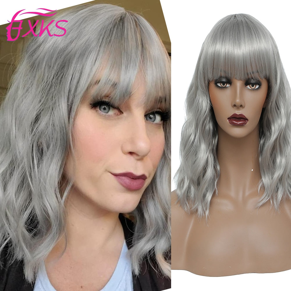 Ddbos Blonde Gold Short Wavy Synthetic Wigs With Bangs Brown Grey Silver Black Color Body Wave Hair Wigs 14Inch 200G For Women FXKS