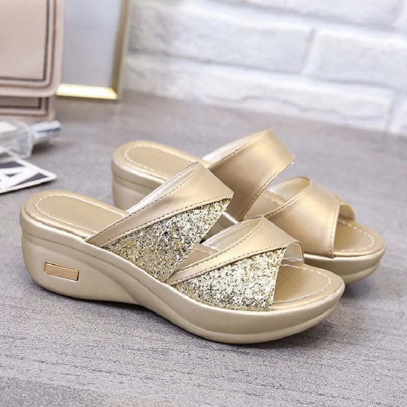 Ddbos new Women Summer Slippers Ladies Glitter PU Wedges Shoes Female Casual Slingbacks Sandals Comfortable Platform Woman