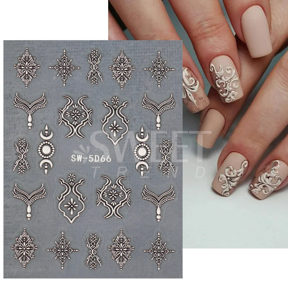 Ddbos 5D Embossed Filigree Stickers Nail Design Brown White Lace Necklace Adhesive Nail Decals Star Moon Carved Decor Sliders SASW-5D