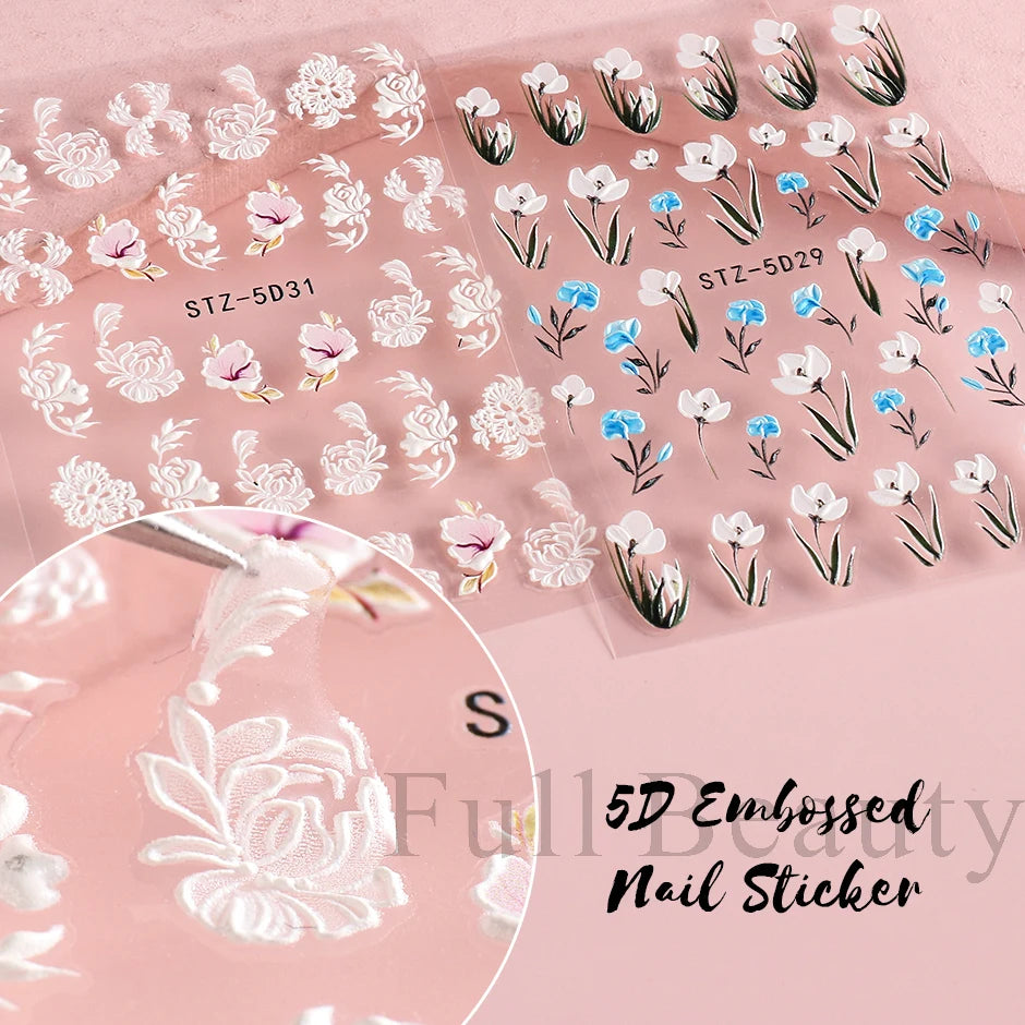 Ddbos 5D Simple Flowers Nail Embossed Stickers Elegant Wedding Design Adhesive Sliders Floral Textured Engraved Decoration Supplies