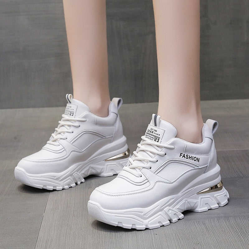 Ddbos White PU Leather Chunky Sneakers Women Autumn Winter Platform Vulcanize Shoes Woman Thick Bottom Hidden Heels Sport Shoes