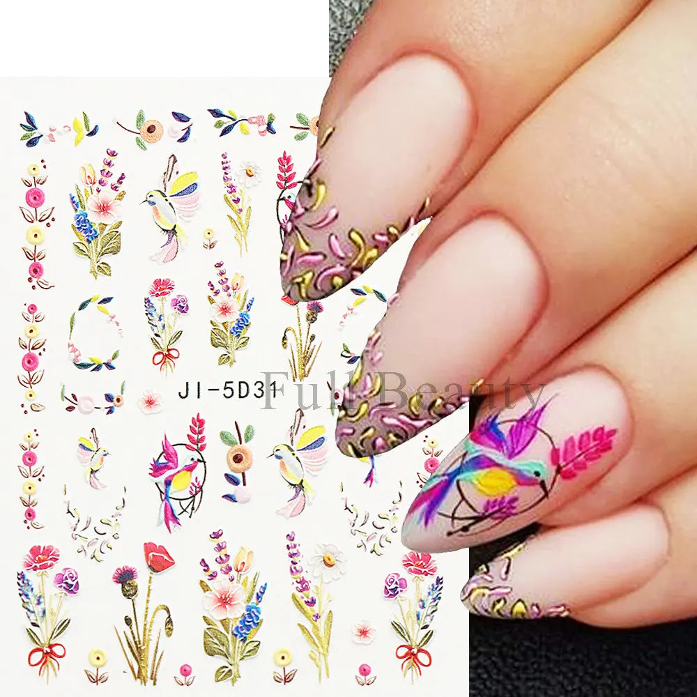 Ddbos 5D Embossed Nail Stickers Flowers Bird Geometric Lines Gold Frame Floral Nail Decals Cherry Blossom Y2K Manicure Decor